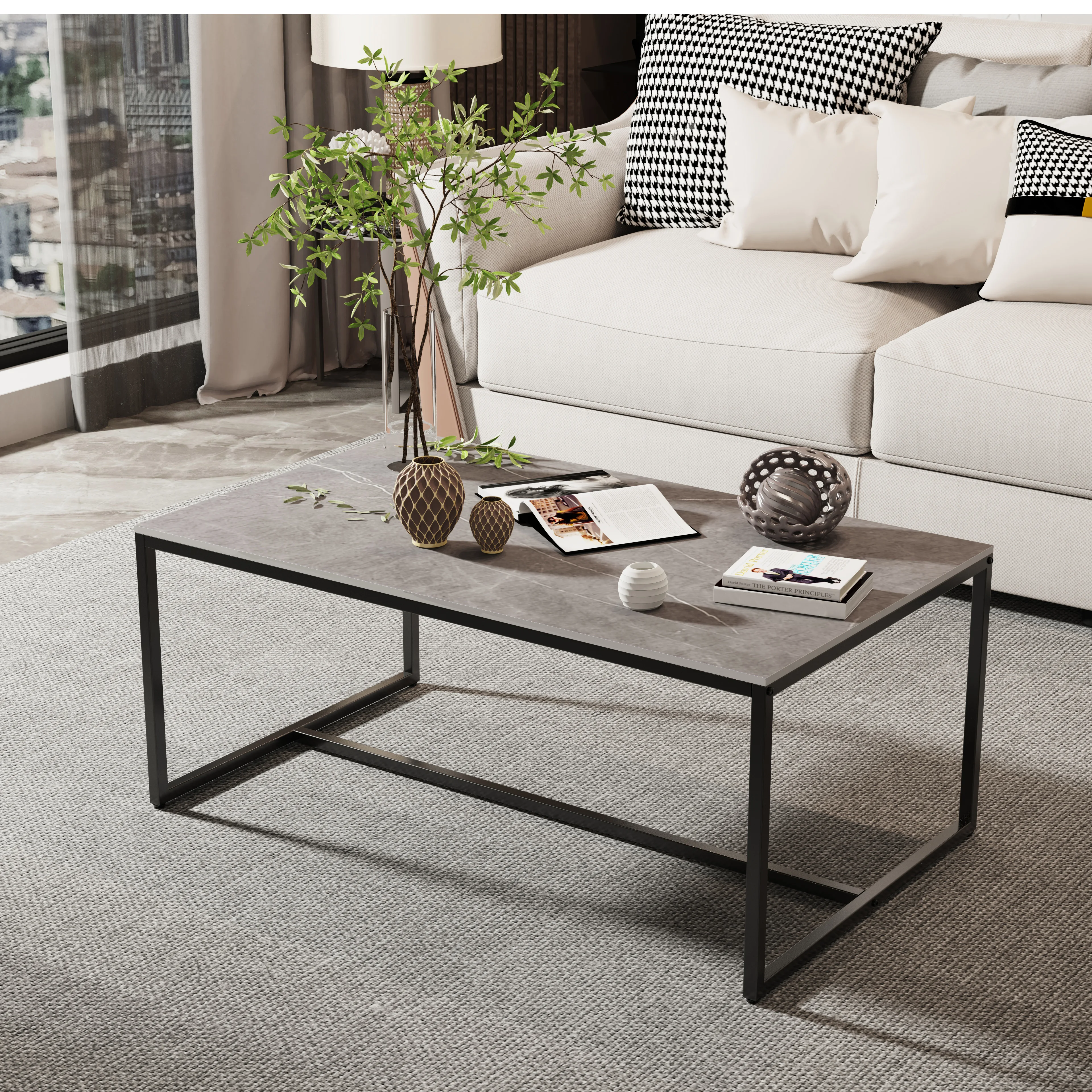 Modern Sintered Stone Top Coffee Table | Rectangular Design with Black Painted Iron Legs | Living Room&Bedroom Storage Solution