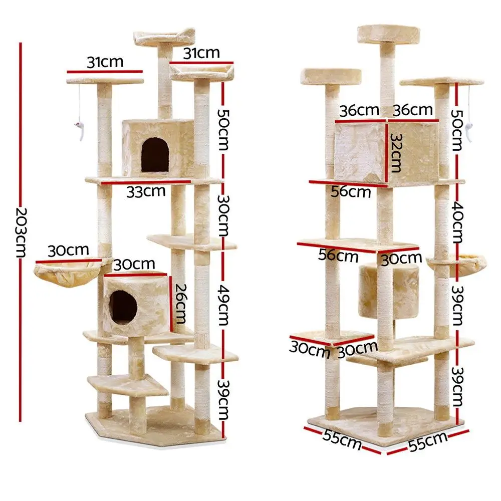 203cm Beige Cat Tree Tower Multi Level Scratching Post Condo House Bed for Indoor Cats