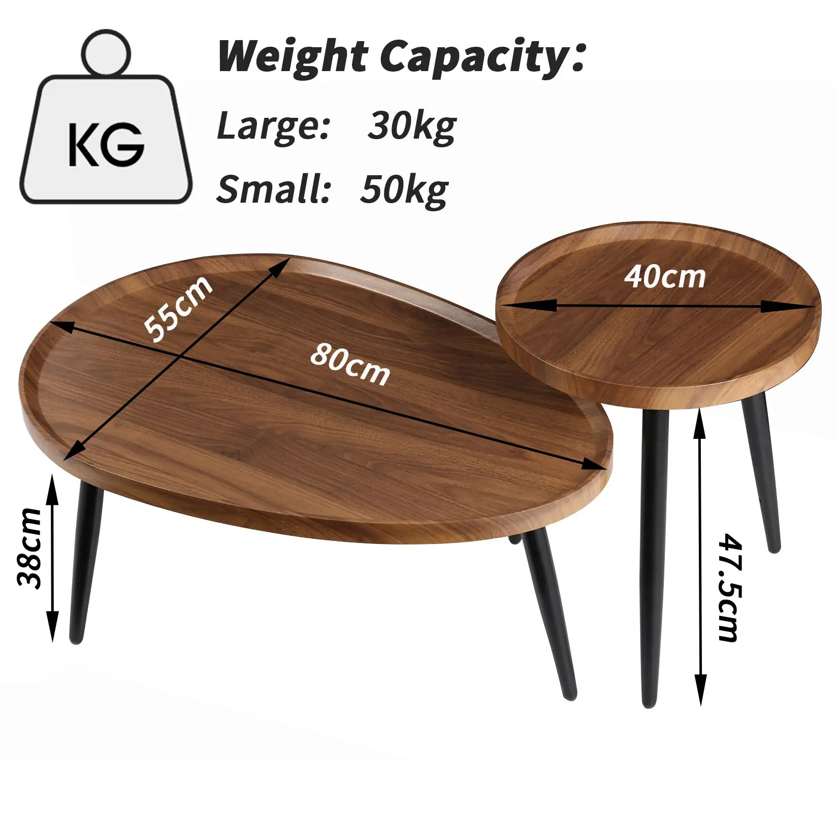 LUVODI Irregular Drop-Shaped Coffee Table Set 2-in-1 Solid Wooden Sofa Side End Table with Triangle Legs for Living Room