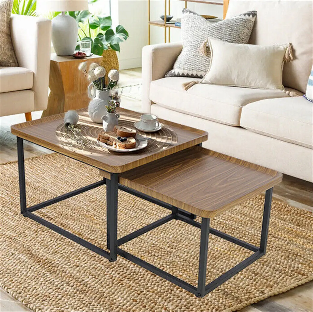 LUVODI Irregular Drop-Shaped Coffee Table Set 2-in-1 Solid Wooden Sofa Side End Table with Triangle Legs for Living Room