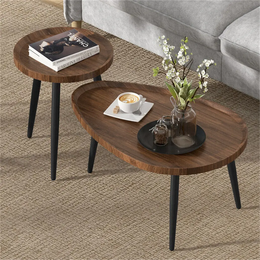 LUVODI Irregular Drop-Shaped Coffee Table Set 2-in-1 Solid Wooden Sofa Side End Table with Triangle Legs for Living Room