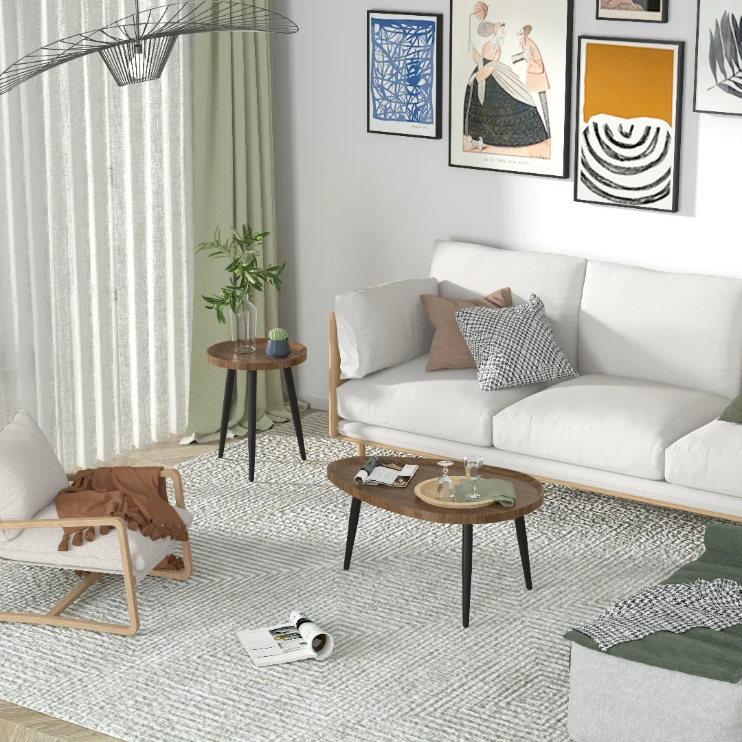 LUVODI Irregular Drop-Shaped Coffee Table Set 2-in-1 Solid Wooden Sofa Side End Table with Triangle Legs for Living Room