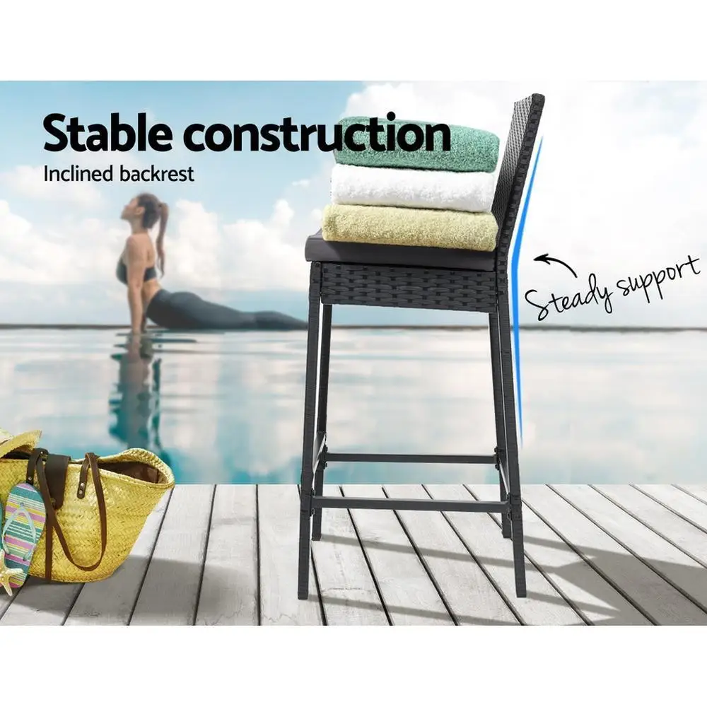 2 Piece Outdoor Rattan Bar Stools Patio Dining Chairs Weather Resistant Wicker Furniture High Back Counter Stools