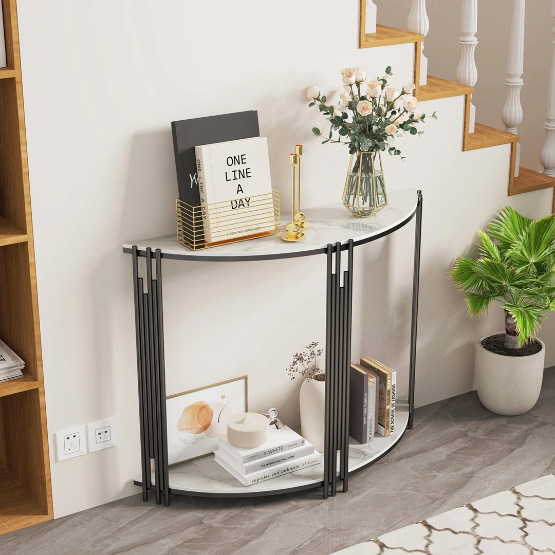 Half Moon Console Table 2Tier Storage Sintered Stone Top Semi Circle Entryway Hallway Living Room Modern Small Space Furniture