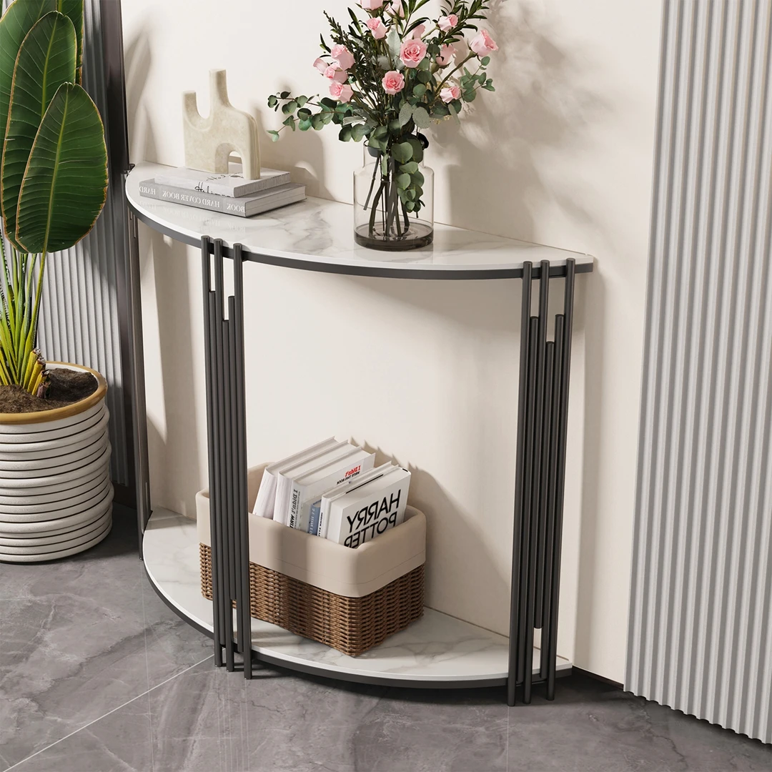 Half Moon Console Table 2Tier Storage Sintered Stone Top Semi Circle Entryway Hallway Living Room Modern Small Space Furniture