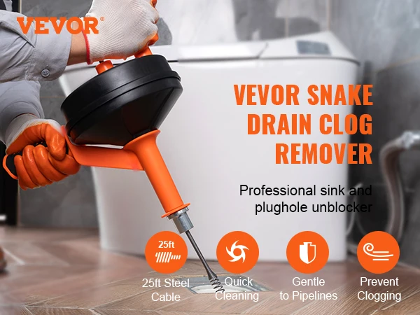 SucceBuy Drain Auger 25Ft Manual-feeding Plumbing Snake with Drill Attachment Drain Clog Remover Toilet Sewer Pipe Dredge