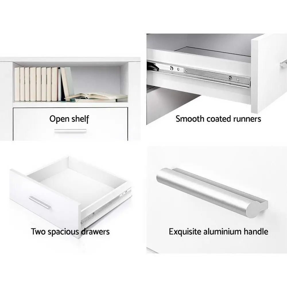 Modern White Bedside Table with 2 Drawers and Open Shelf Compact Nightstand for Bedroom Storage and Organization