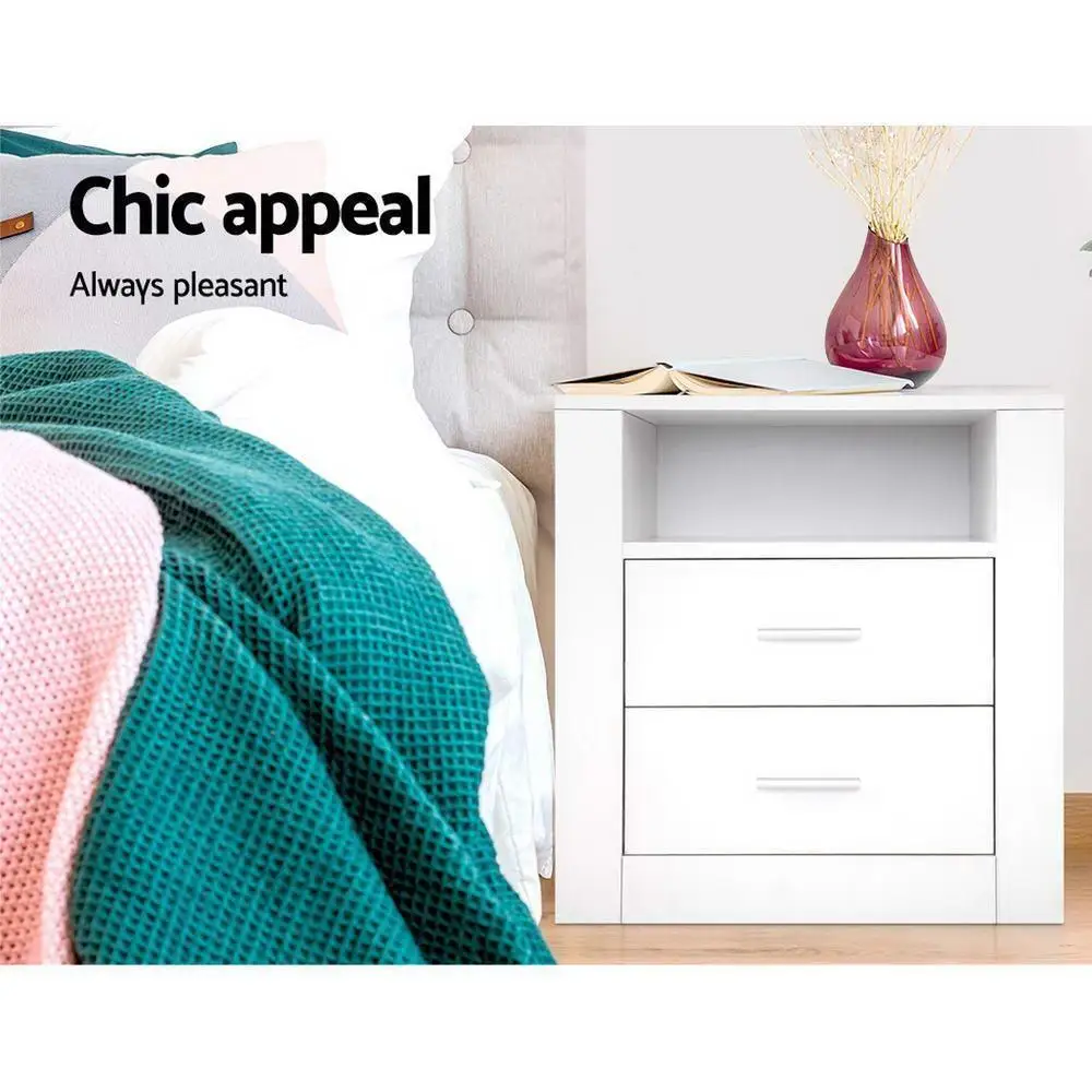 Modern White Bedside Table with 2 Drawers and Open Shelf Compact Nightstand for Bedroom Storage and Organization
