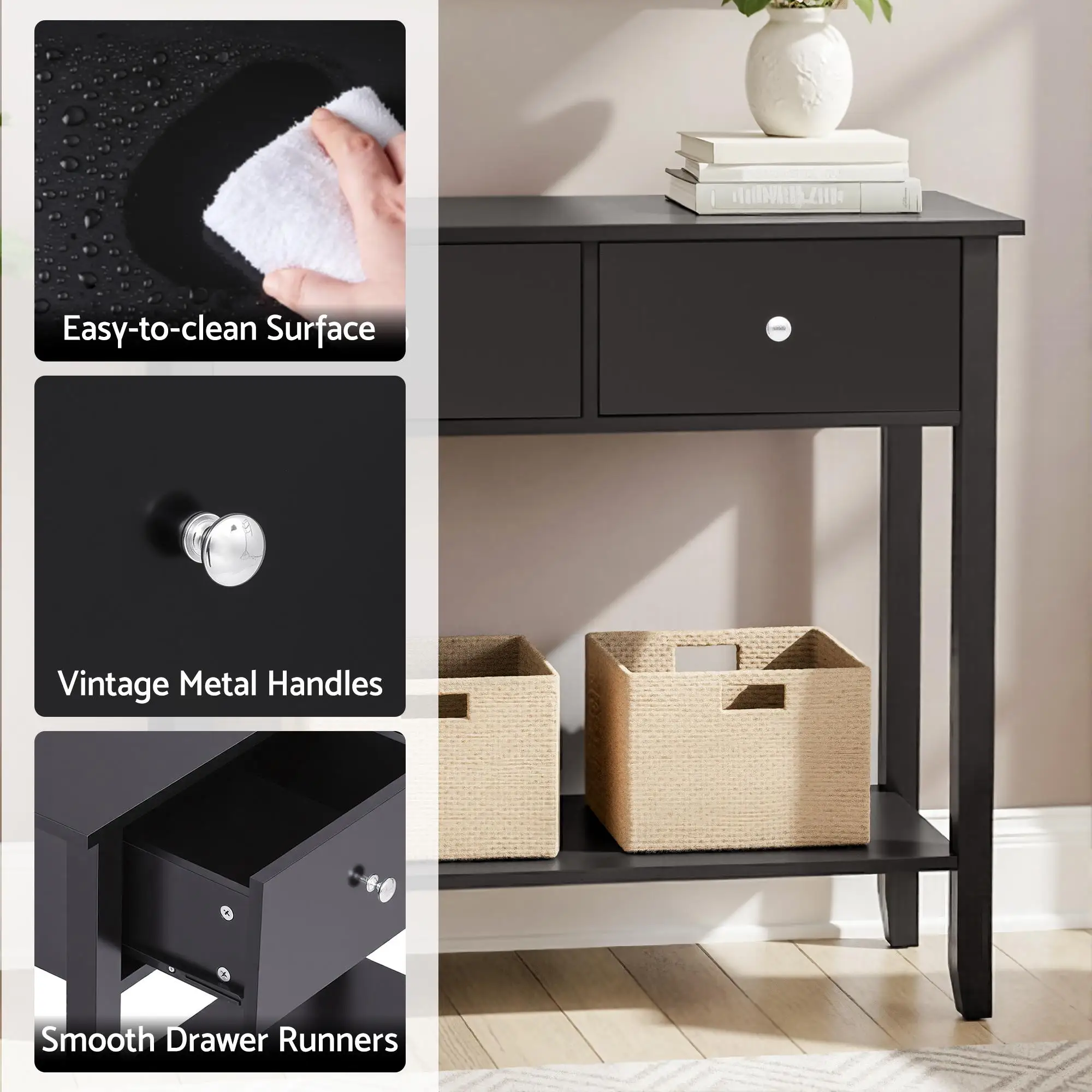 Console Table Hallway Entryway Sofa Table 100CM Black 3 Drawers Modern Storage Furniture