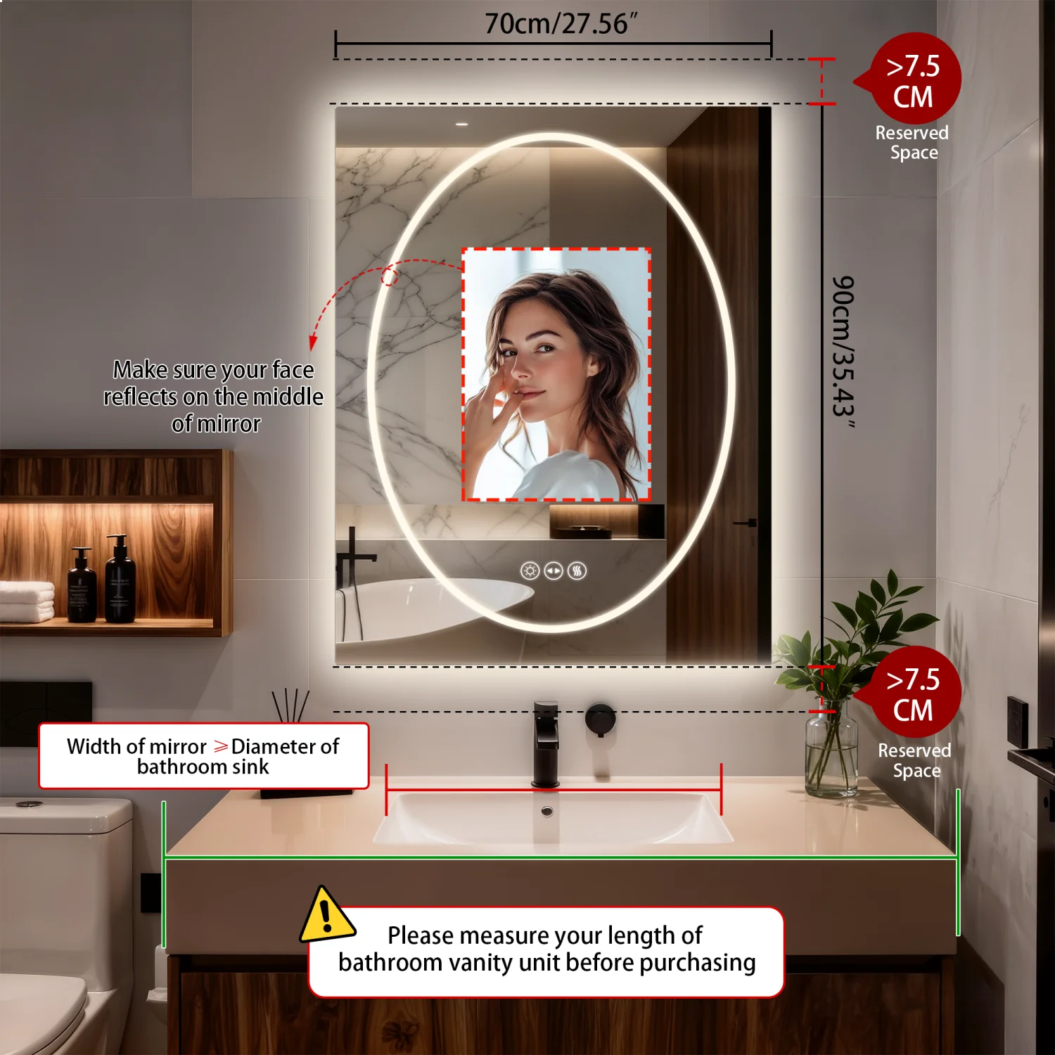 70/80/90cm Tempered Glass LED Bathroom Mirror Vanity Mirror Frontlit and Backlit Makeup Hanging Mirror Dimmable Brightness for Restrooms Bedroom