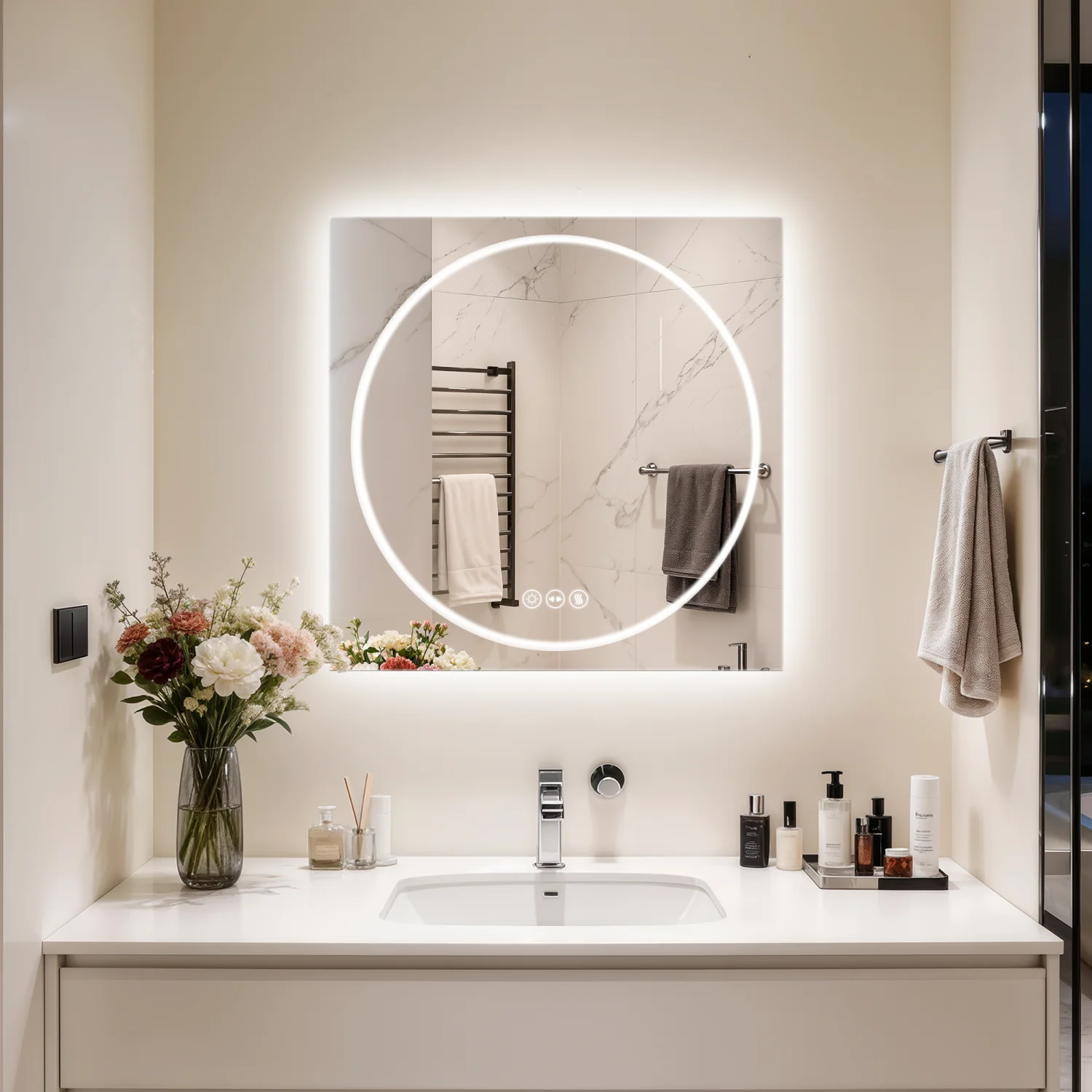 70/80/90cm Tempered Glass LED Bathroom Mirror Vanity Mirror Frontlit and Backlit Makeup Hanging Mirror Dimmable Brightness for Restrooms Bedroom