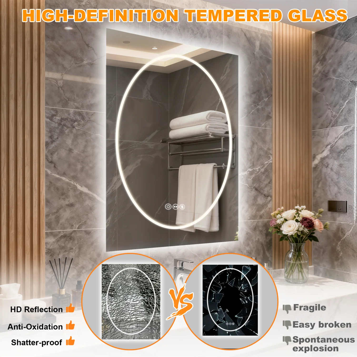 70/80/90cm Tempered Glass LED Bathroom Mirror Vanity Mirror Frontlit and Backlit Makeup Hanging Mirror Dimmable Brightness for Restrooms Bedroom
