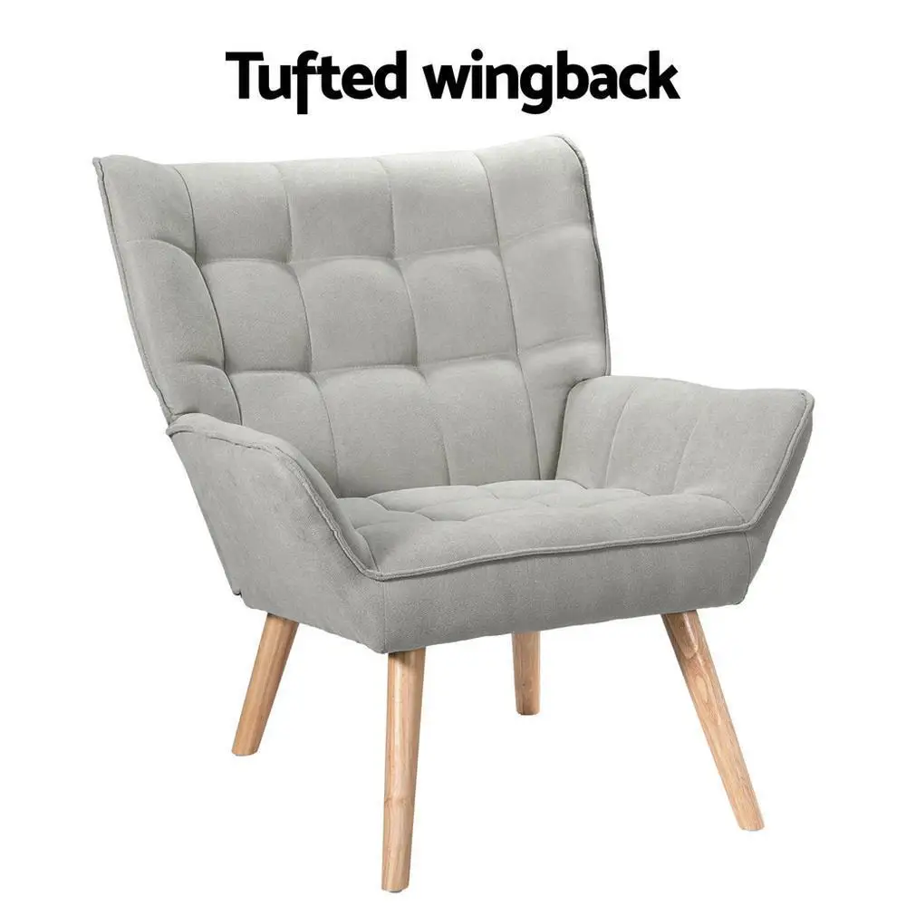 Modern Grey Linen Accent Armchair Cushion Seat Upholstered Lounge Chair for Living Room Bedroom Home Use