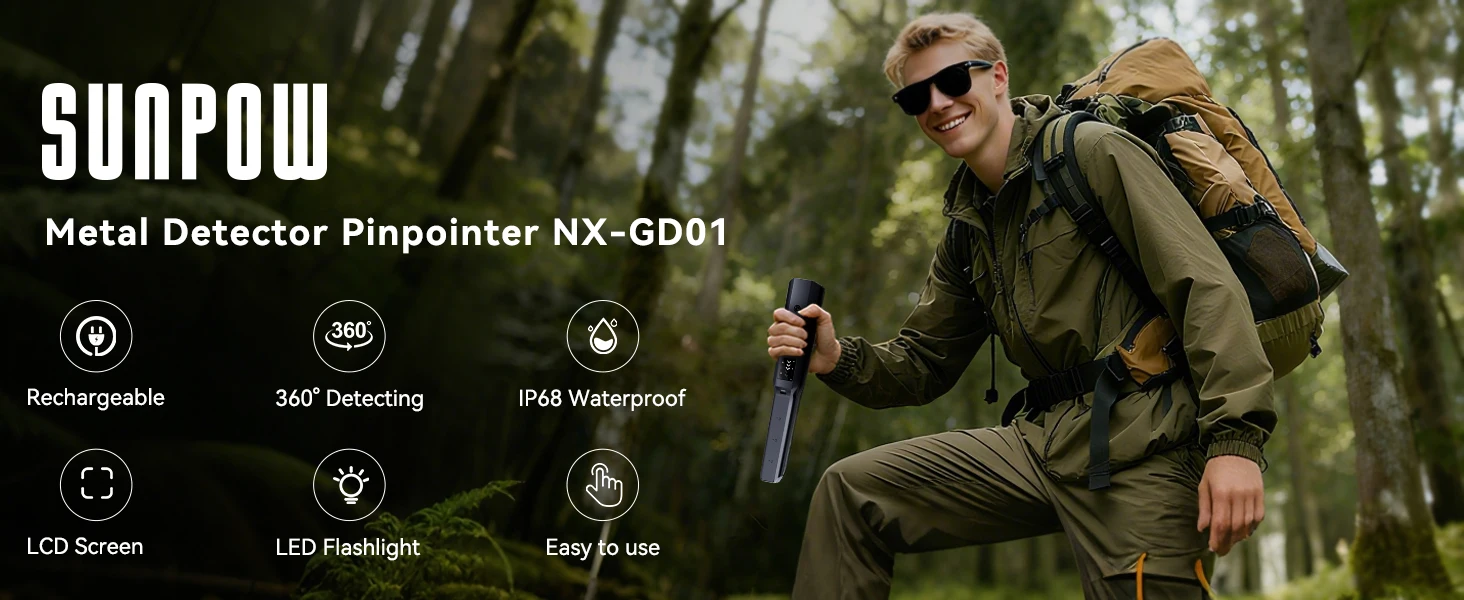 Metal Detector Pinpointer Rechargeable Handheld, IP68 Waterproof 6" Detection Depth, 360° Precision Sensing 4 Alert Modes, 12H Battery LCD Display, Outdoor Treasure Hunting Tool