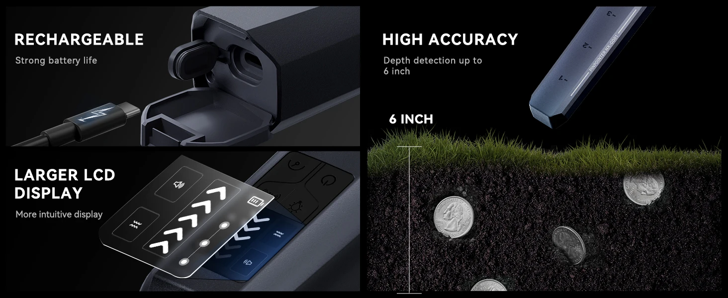 Metal Detector Pinpointer Rechargeable Handheld, IP68 Waterproof 6" Detection Depth, 360° Precision Sensing 4 Alert Modes, 12H Battery LCD Display, Outdoor Treasure Hunting Tool