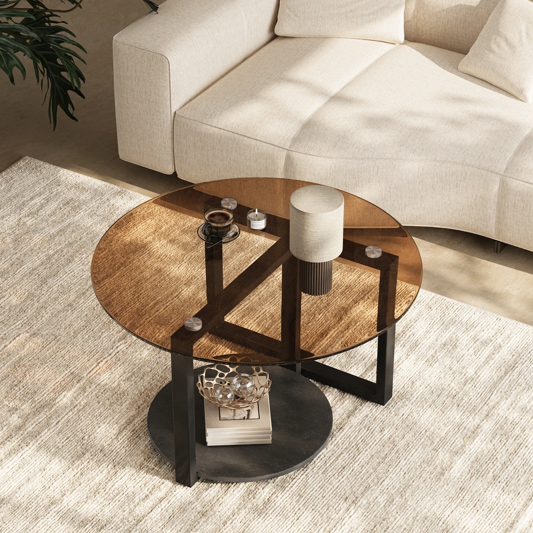 Round Amber-Tinted Tempered Glass Coffee Table Cocktail Center Table with Sintered Stone Storage Tier & Black Metal Frame