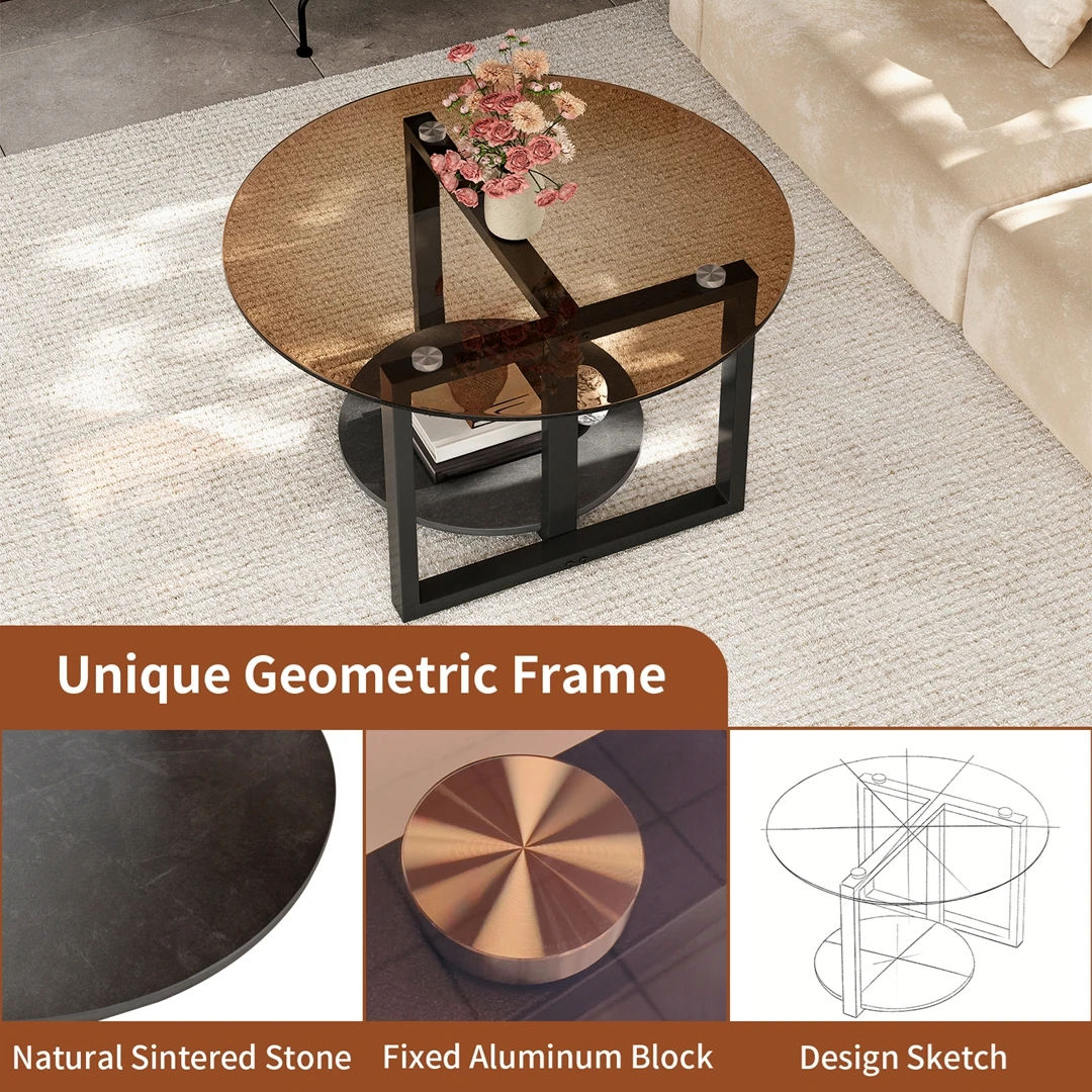 Round Amber-Tinted Tempered Glass Coffee Table Cocktail Center Table with Sintered Stone Storage Tier & Black Metal Frame