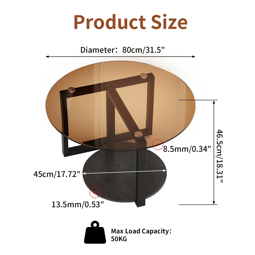 Round Amber-Tinted Tempered Glass Coffee Table Cocktail Center Table with Sintered Stone Storage Tier & Black Metal Frame