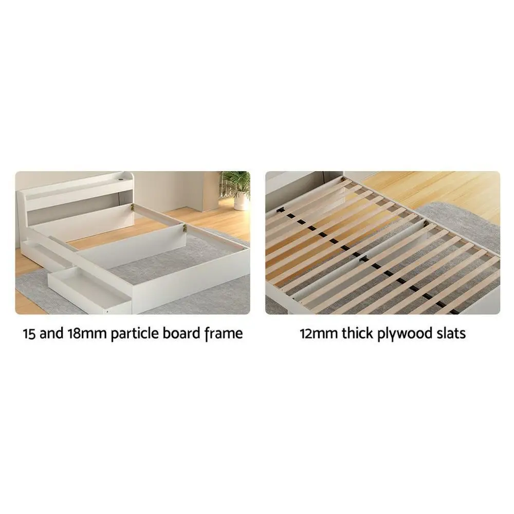 Double Size Bed Frame Mattress Base with Charging Ports and 2 Storage Drawers Wooden Platform Bed