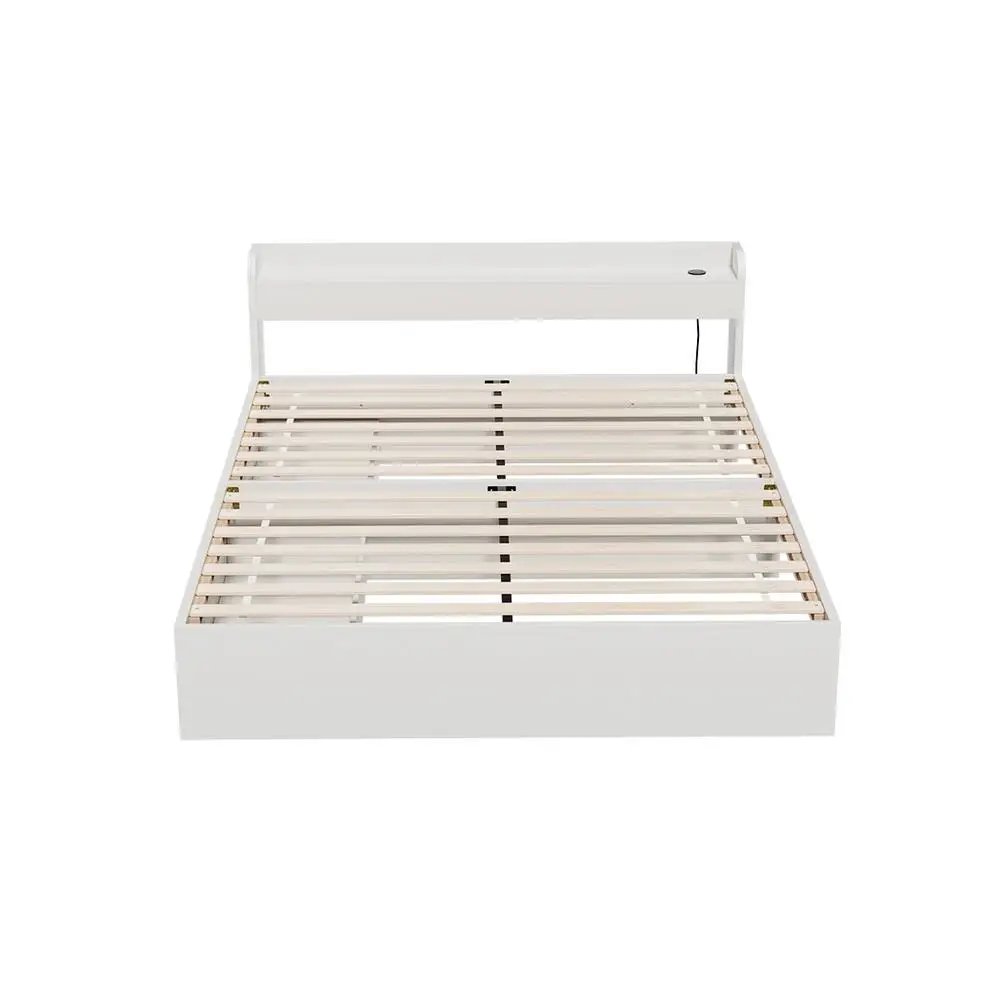 Double Size Bed Frame Mattress Base with Charging Ports and 2 Storage Drawers Wooden Platform Bed