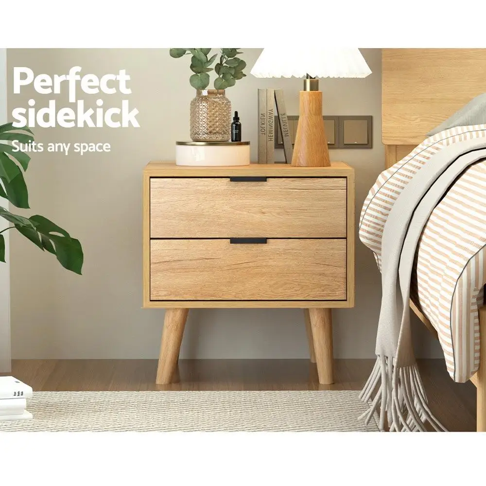 Pine Bedside Table with 2 Drawers Modern Nightstand Storage Cabinet Bedroom End Table Space Saving Furniture