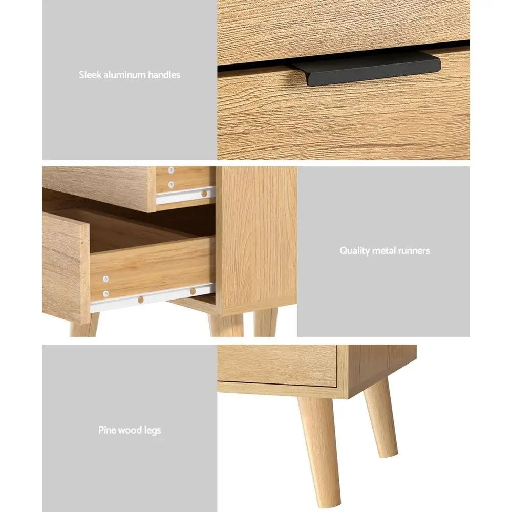 Pine Bedside Table with 2 Drawers Modern Nightstand Storage Cabinet Bedroom End Table Space Saving Furniture