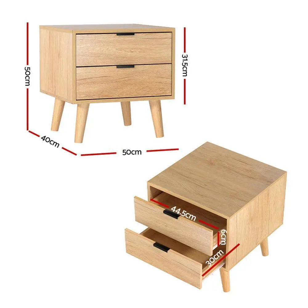 Pine Bedside Table with 2 Drawers Modern Nightstand Storage Cabinet Bedroom End Table Space Saving Furniture