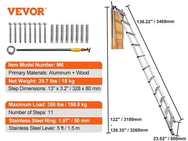 VEVOR Attic Ladder Telescoping 350-pound Capacity Multi-Purpose Aluminium Extension Lightweight and Portable