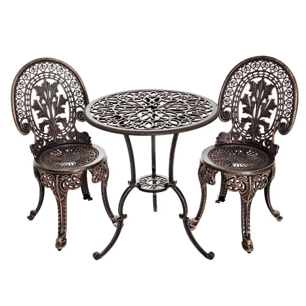3 Piece Outdoor Patio Bistro Set Aluminum Frame Bronze Finish Dining Chairs Garden Furniture