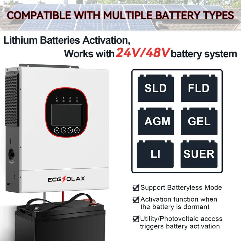 ECGSOLAX 5KW 6.5KW Single Phase Hybrid Solar Inverter 24V 48V 230VAC Built-in MPPT 120A 160A Solar Charger With WiFi AU Stock