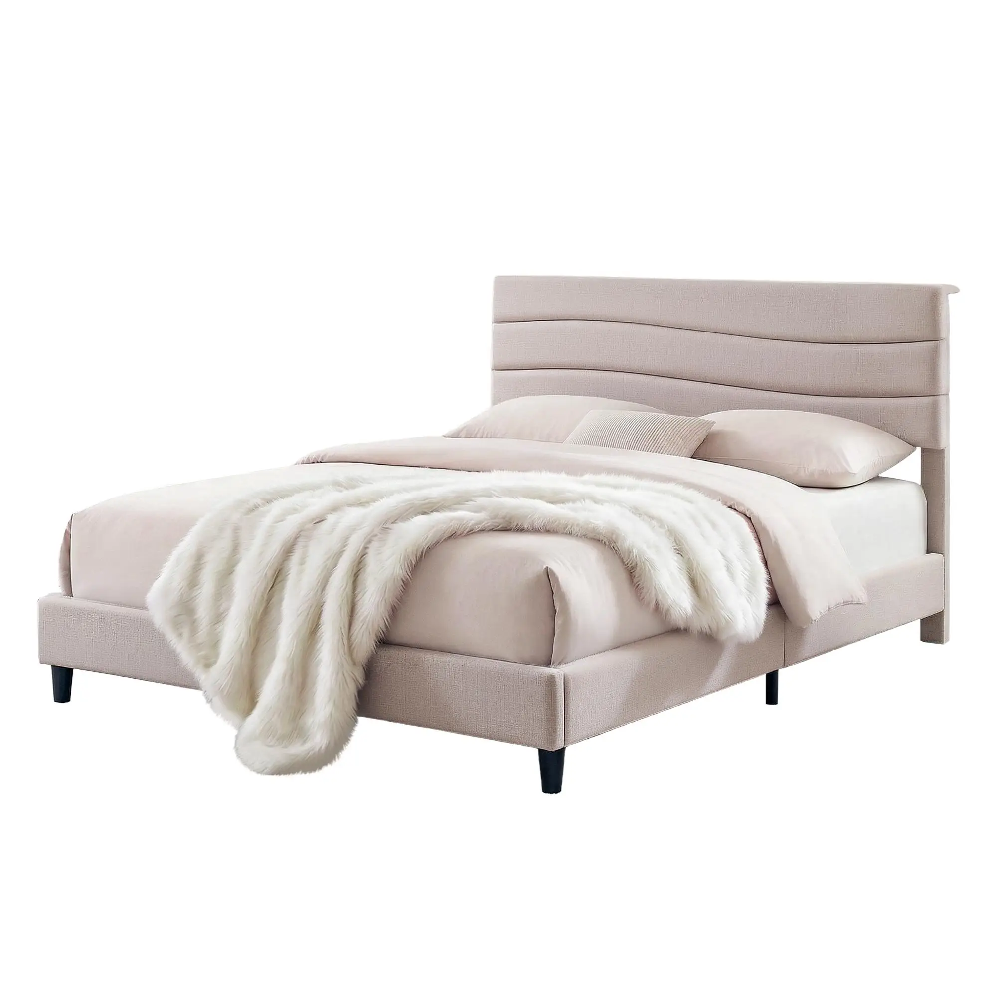 Queen Upholstered Bed Frame with Storage Adjustable Headboard Platform Base Linen Fabric Charging Ports