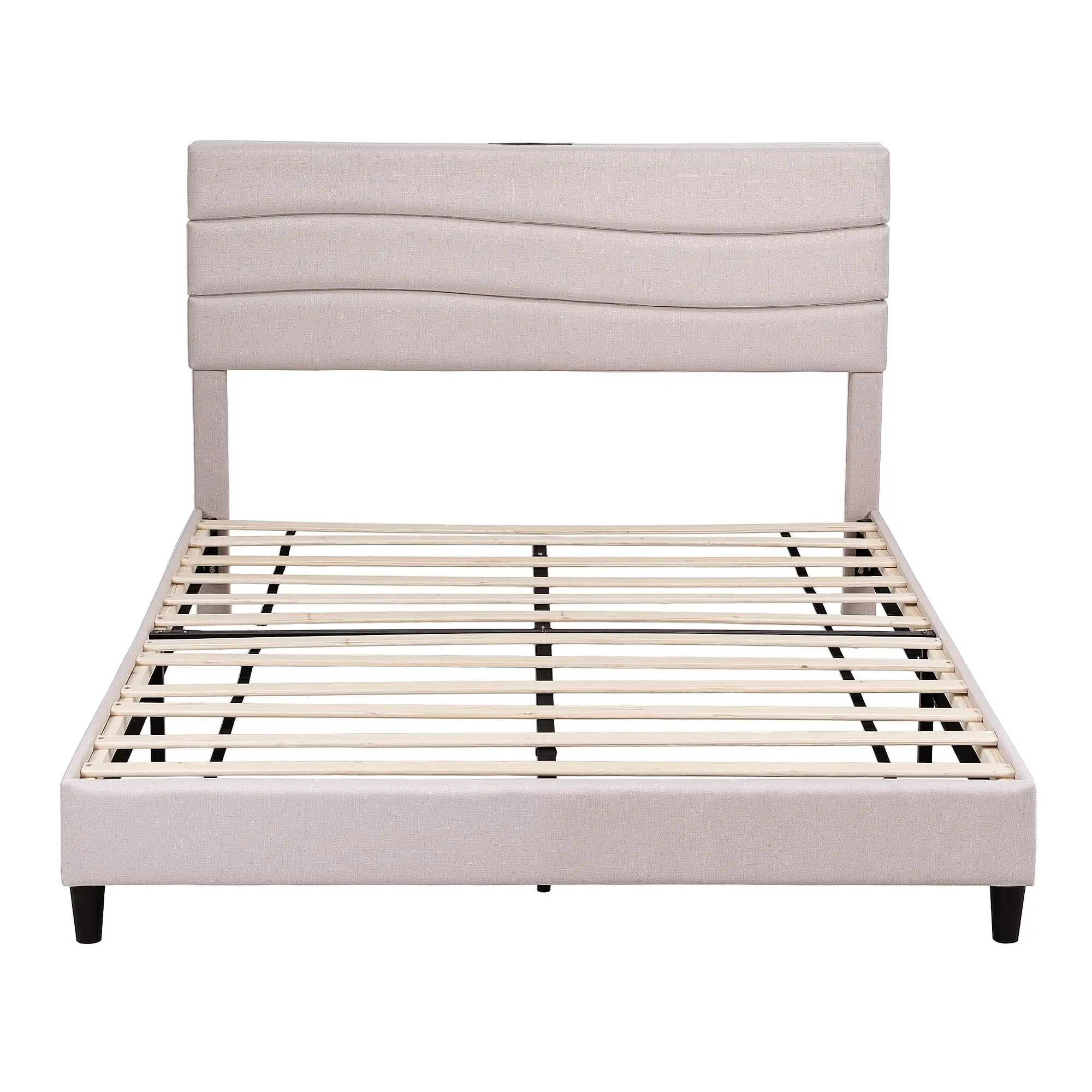 Queen Upholstered Bed Frame with Storage Adjustable Headboard Platform Base Linen Fabric Charging Ports