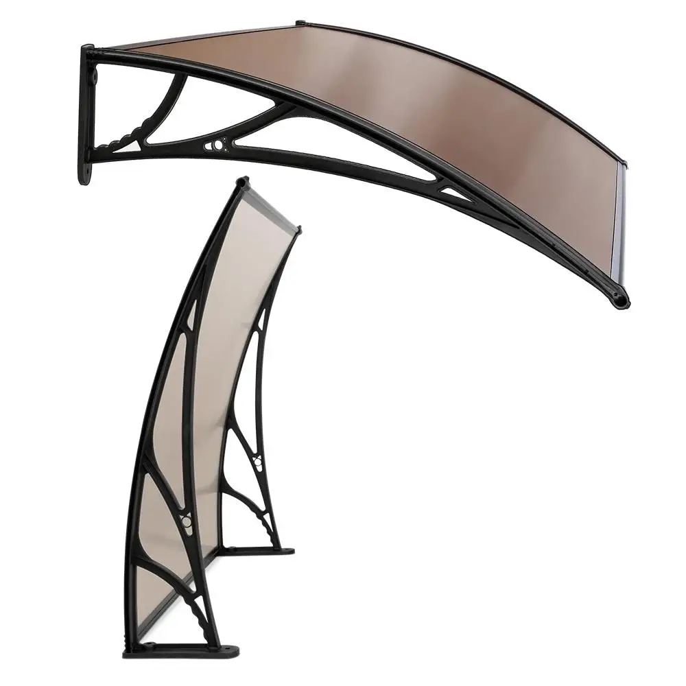 Window Awning Door Canopy 1m x 4m Brown PVC Sheet Black Plastic Frame Outdoor Rain Sun Shelter Cover