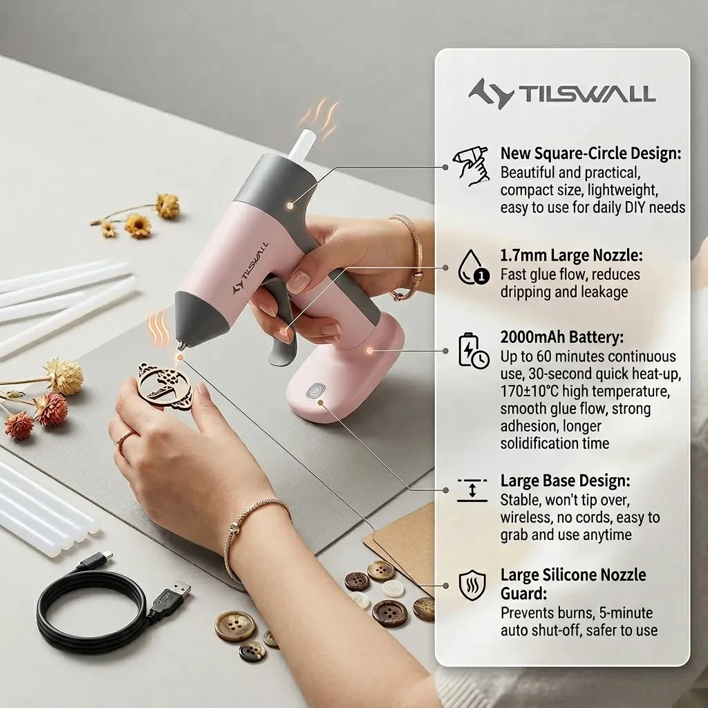 15W Electric Hot Melt Glue Gun 30s Fast Heating Cordless Glue Gun With 20pcs 7x140mm Glue Sticks 2000mAh Type-C Rechargeable Hot Melt Glue Gun 1.7mm Precision Nozzle For DIY Craft Home Repair Quick Repairs