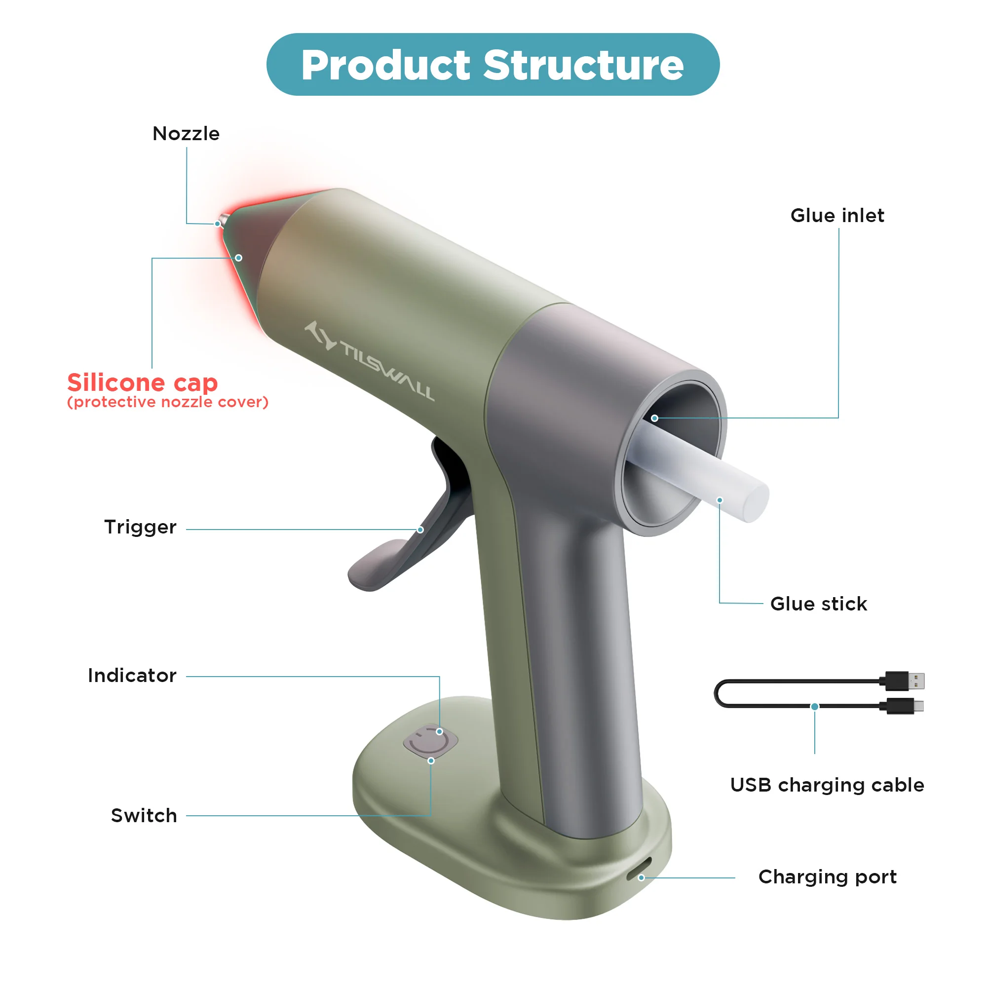 15W Electric Hot Melt Glue Gun 30s Fast Heating Cordless Glue Gun With 20pcs 7x140mm Glue Sticks 2000mAh Type-C Rechargeable Hot Melt Glue Gun 1.7mm Precision Nozzle For DIY Craft Home Repair Quick Repairs