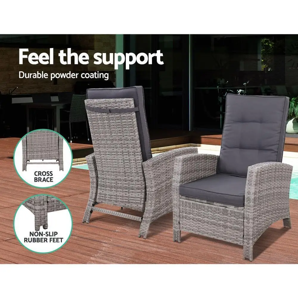 3 Piece Recliner Chair Table Sun Lounge Wicker Outdoor Furniture Adjustable Grey