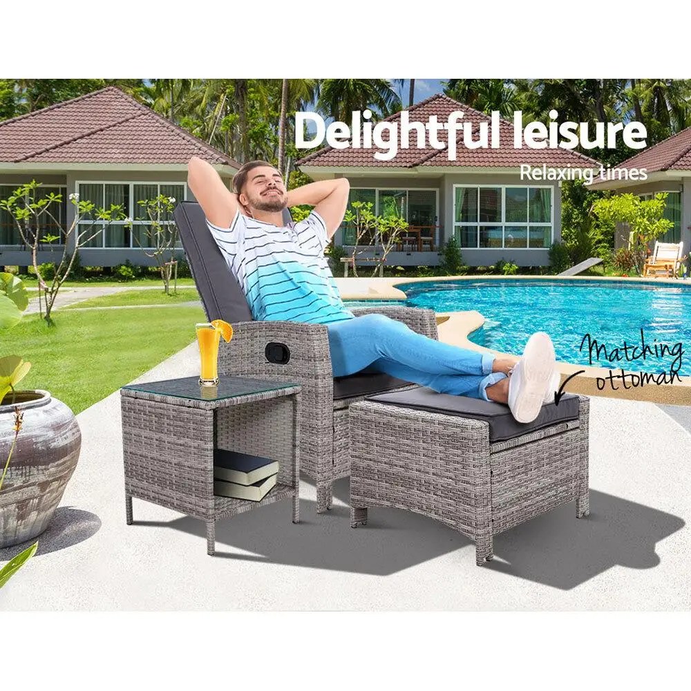 3 Piece Recliner Chair Table Sun Lounge Wicker Outdoor Furniture Adjustable Grey