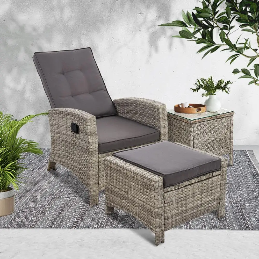 3 Piece Recliner Chair Table Sun Lounge Wicker Outdoor Furniture Adjustable Grey
