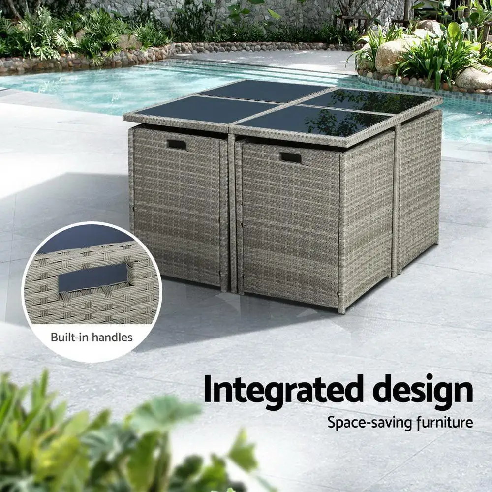 9 Piece Grey Wicker Outdoor Dining Set Patio Table and Chairs Furniture Collection
