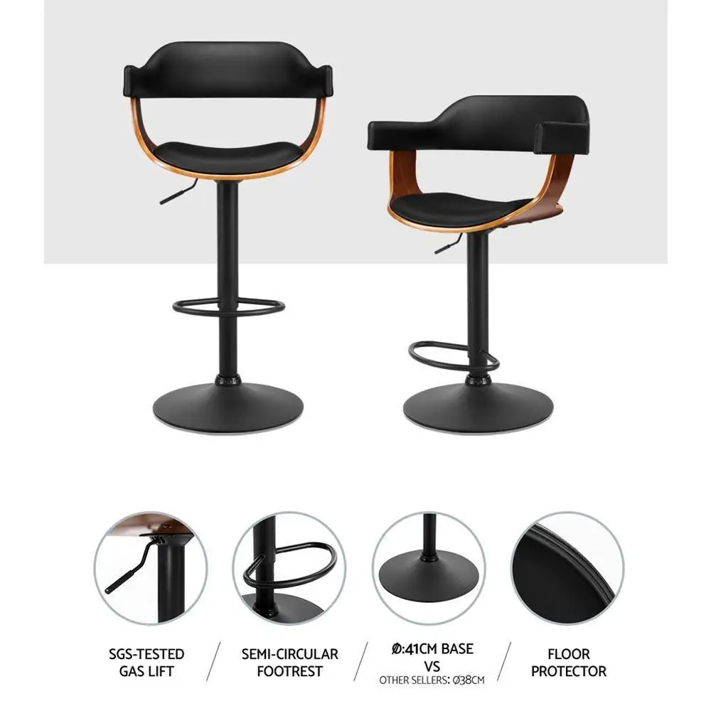 2x Black Gas Lift Leather Bar Stools with Armrests Adjustable Swivel Counter Chairs