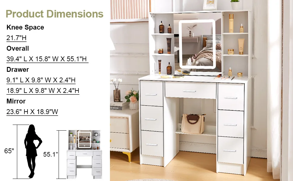 Large Makeup Vanity Desk with LED Hollywood Mirror, Lighted Dressing Table Set with Storage Drawers, Bedroom Vanity Table for Women