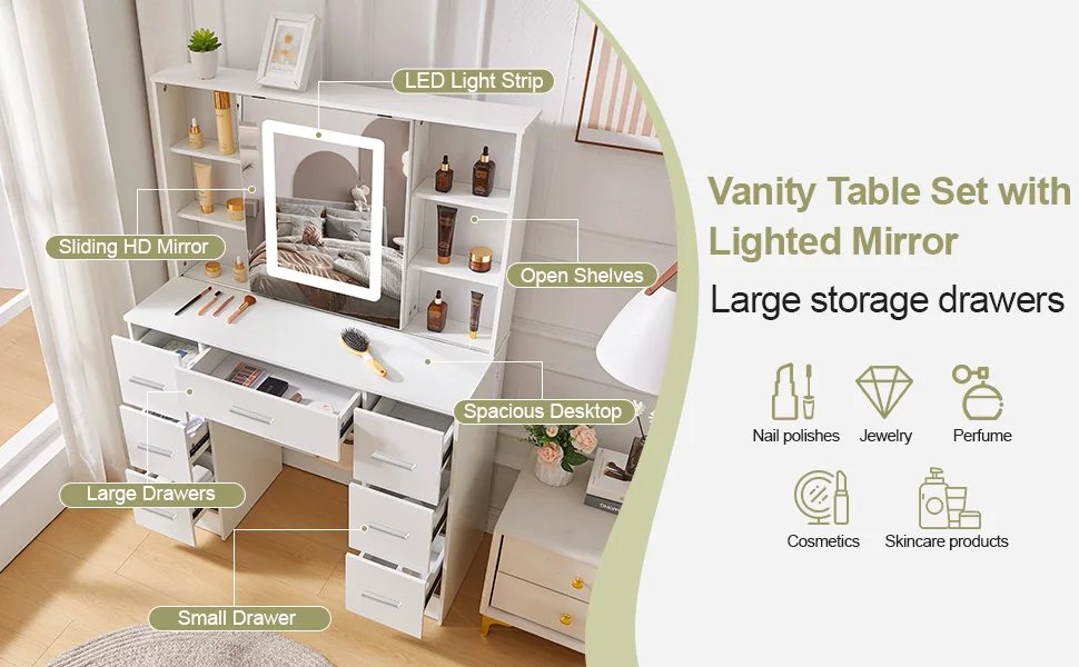 Large Makeup Vanity Desk with LED Hollywood Mirror, Lighted Dressing Table Set with Storage Drawers, Bedroom Vanity Table for Women