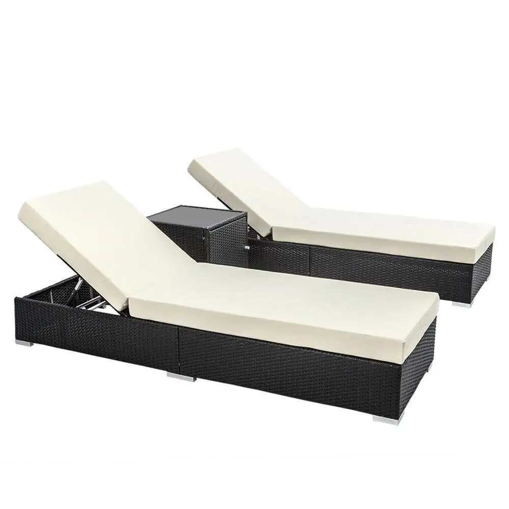 3 Piece Sun Lounge Wicker Lounger Outdoor Day Bed Rattan Garden Furniture Patio Set