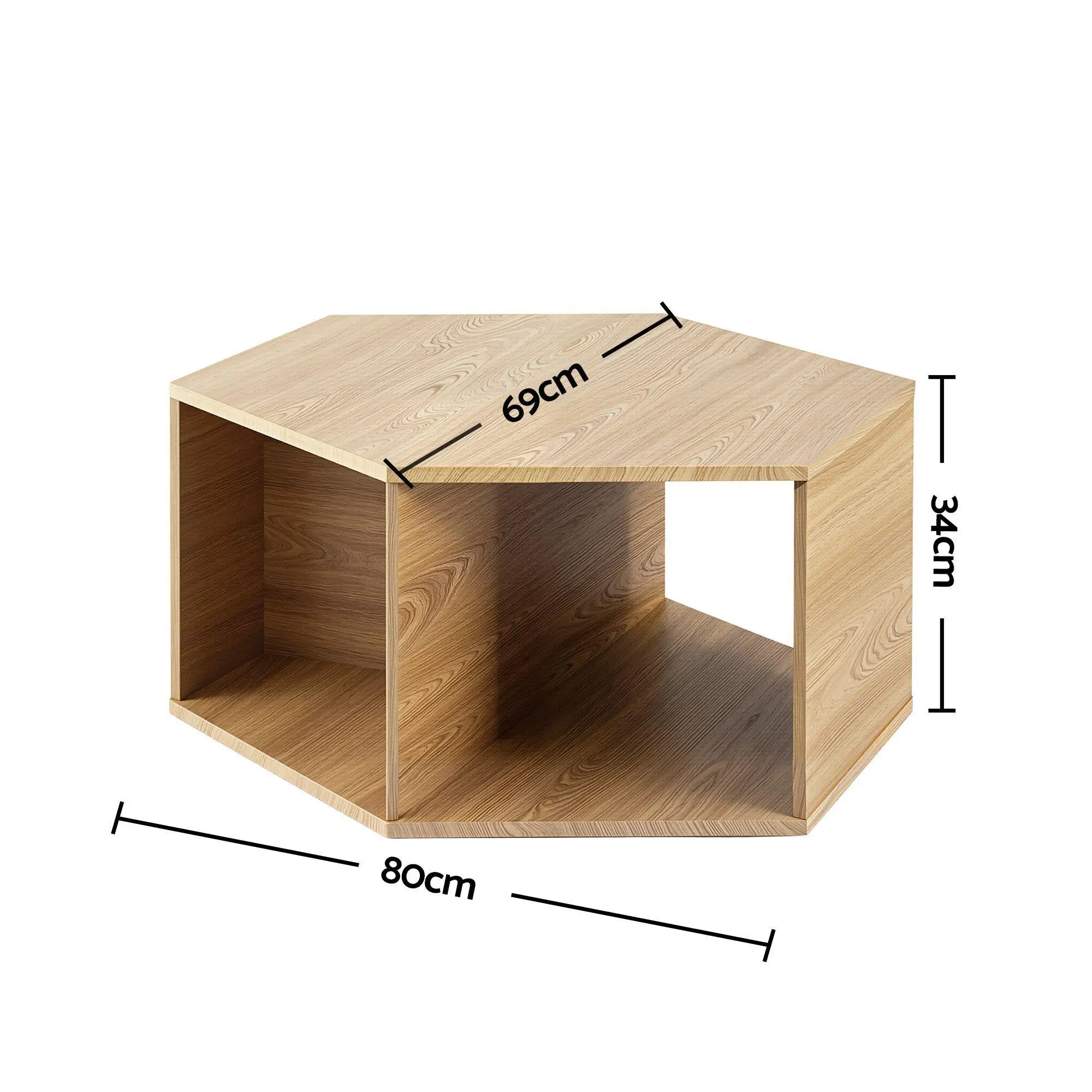 Hexagonal Coffee Table Wooden Center Table with Open Storage Two Way Display Side Table for Living Room