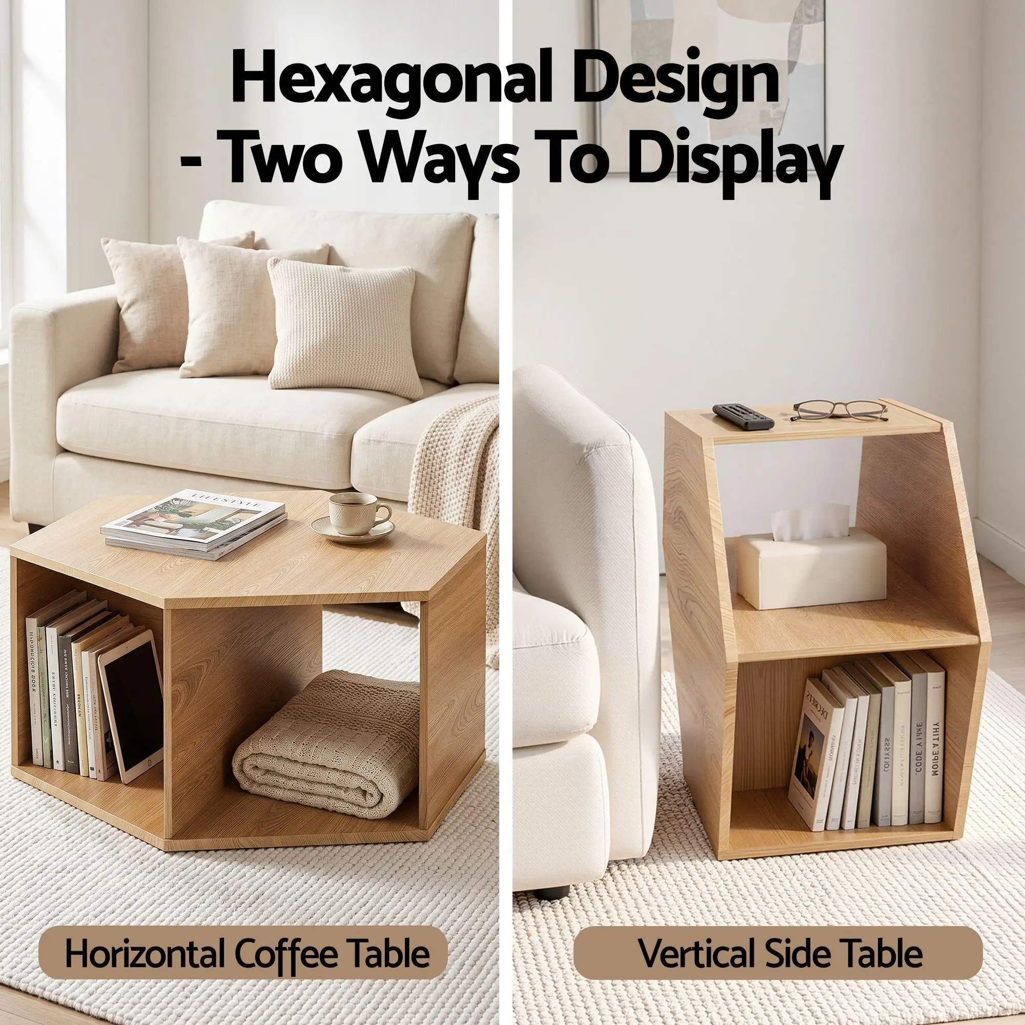 Hexagonal Coffee Table Wooden Center Table with Open Storage Two Way Display Side Table for Living Room