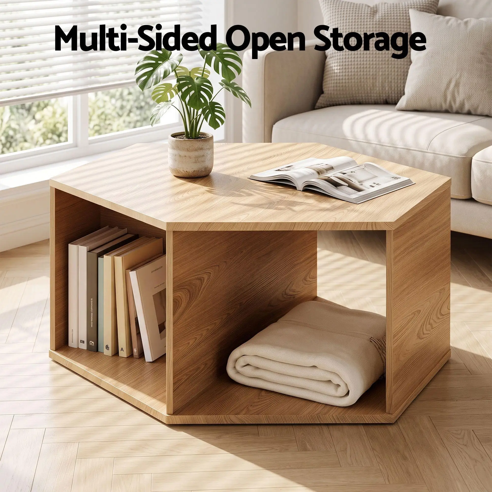 Hexagonal Coffee Table Wooden Center Table with Open Storage Two Way Display Side Table for Living Room