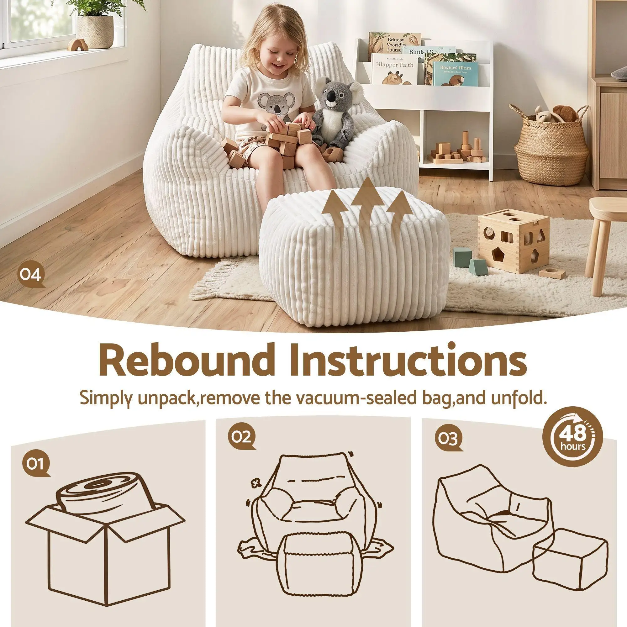 Oversized Corduroy Bean Bag Sofa with Ottoman White for adults Teens