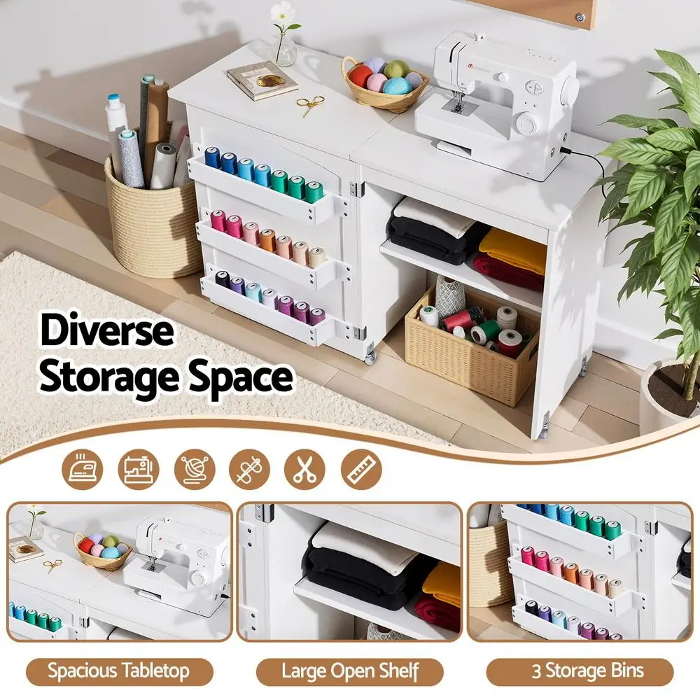 Foldable Sewing Machine Table Multifunction Rolling Craft Desk with Storage for Home Use