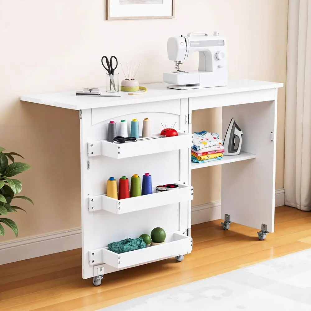 Foldable Sewing Machine Table Multifunction Rolling Craft Desk with Storage for Home Use
