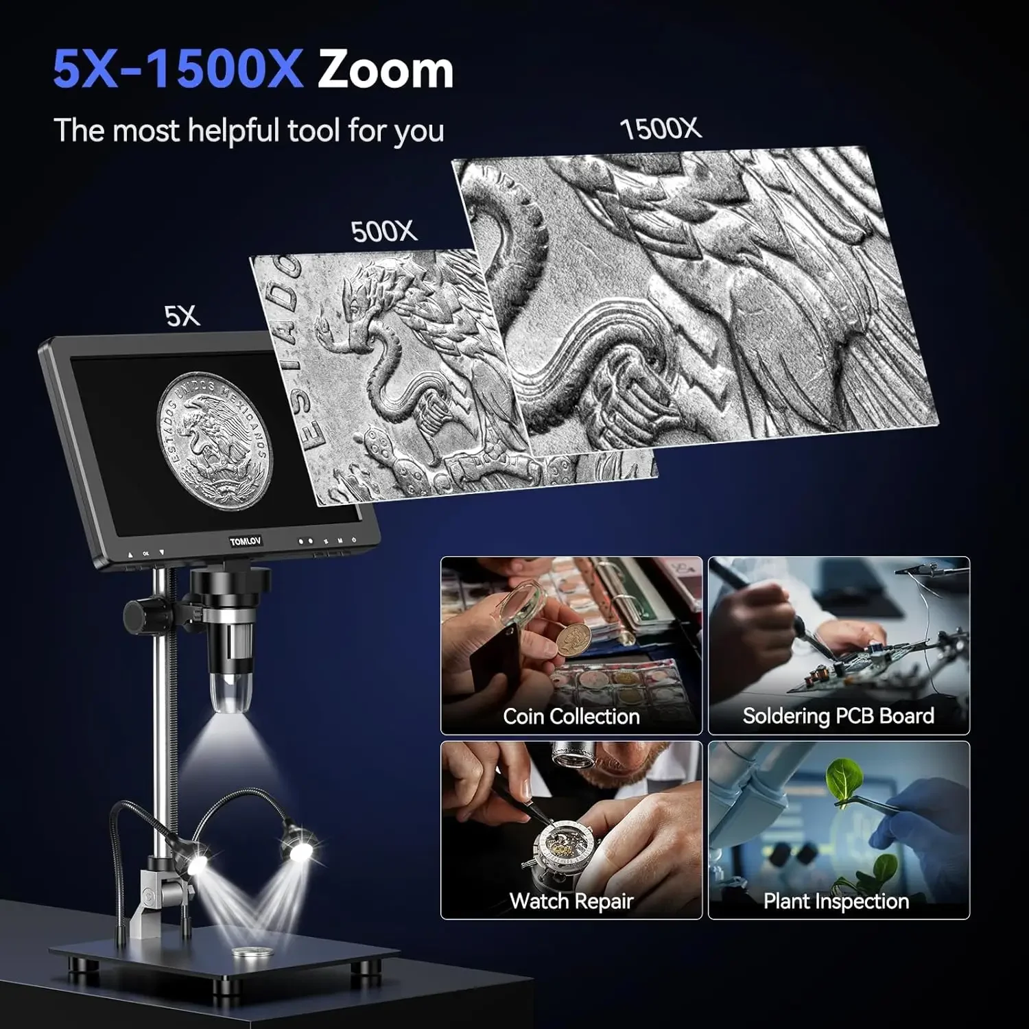TOMLOV Digital Microscope Soldering 1500X DM9 Max 10.1" HD IPS 20MP Coin Microscope for Error Coins LCD Magnifier for Adult Phone Repair PC View